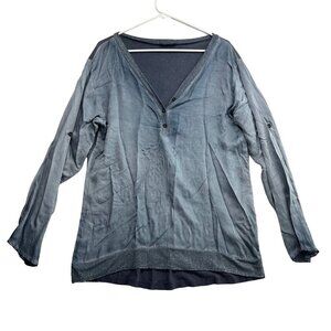 Made In Italy Womens Cotton Viscose Blouse Size M Blue Roll Tab Sleeve V Neck